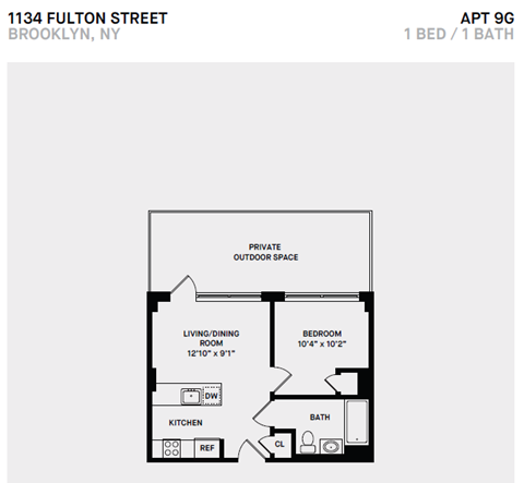 Floor plan for 1 bed, 1 bath, 605 sqft